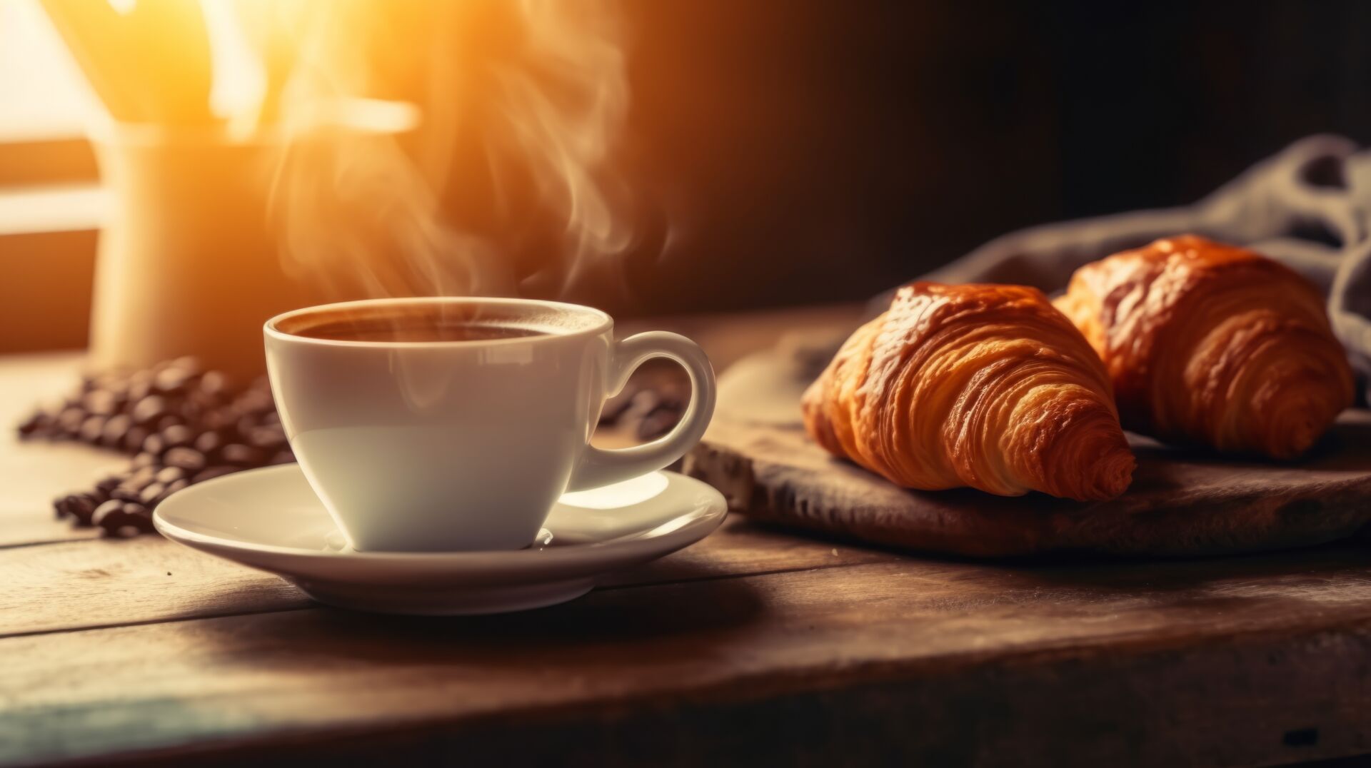 Eine Tasse Kaffee und Croissants auf einem Tisch.